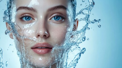 A close-up of a woman's face surrounded by splashes of water, emphasizing beauty and freshness.