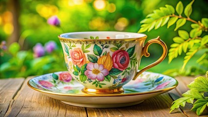 Fototapeta premium Elegant Hand-Drawn Tea Cup Illustration with Leaves and Floral Motifs Perfect for Digital Designs