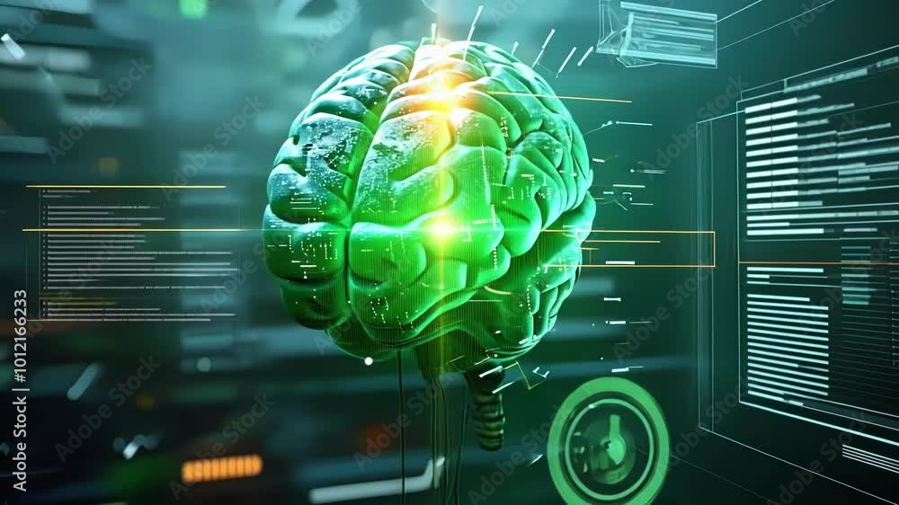 Poster 3d illustration of a human brain connected to a circuit board, representing the concept of artificia