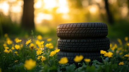 Summer tires ready for use in the blooming spring
