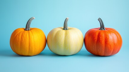 Obraz premium Three decorative pumpkins set against a pastel blue background