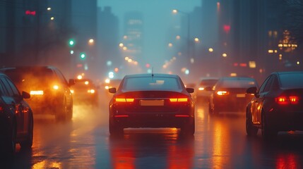 Traffic jam at night with car lights and smog in an urban setting