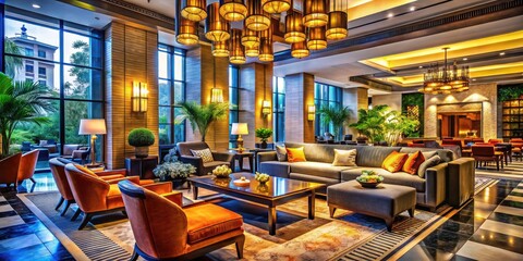 Fototapeta premium Elegant hotel lobby with modern decor, comfortable seating, and welcoming ambiance for guests