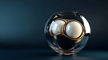3D rendering of glossy black and gold spheres, and glass spheres with white and gold swirls in an elegant vase, set against a dark blue background with reflective lighting and luxurious finish.
