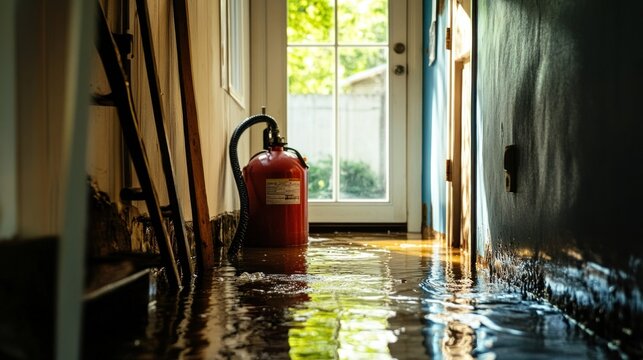 A flooded hallway featuring a fire extinguisher and natural light from an open door. - Powered by Adobe
