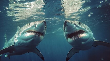 Fototapeta premium Underwater perspective stunning view of great white sharks swimming near the water s surface