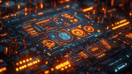 Obraz premium Close-up of a futuristic circuit board with glowing orange and blue lights.