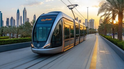 Obraz premium Modern Tram in Dubai - AI Generated
