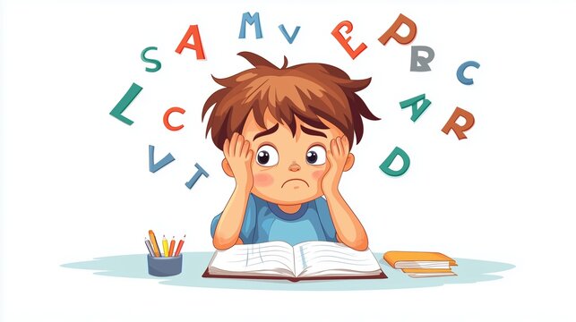 Frustrated child learning alphabet: overcoming dyslexia challenges with books and letters