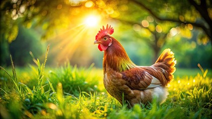 Fototapeta premium Elegant Leghorn Hen in a Natural Outdoor Setting with Lush Green Grass and Soft Sunlight Glowing