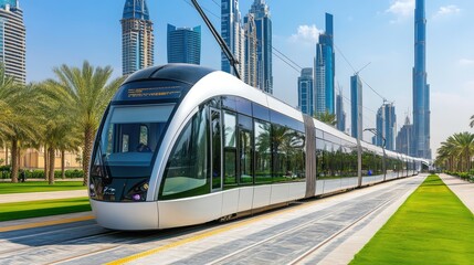 Naklejka premium Modern Tram in Dubai - AI Generated