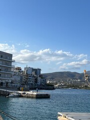 Agios Nikolaos, Greece - September 26, 2023: View of Agios Nikolaos and its harbor, Crete, Greece. Voulismeni lake.