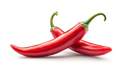 Two red chili peppers intertwined on a white background.