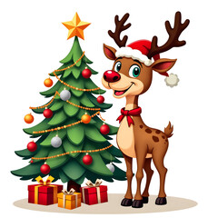 Fototapeta premium Happy reindeer with a Christmas tree, surrounded by gifts, is isolated on a white background, suitable for t-shirts and gift cards.