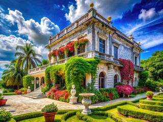 Obraz premium Elegant Marble House Exterior with Lush Greenery and Bright Blue Sky Captured in Vibrant Detail
