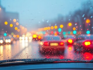 Cars with defocused lights in the rain seen through the front window of an automobile. Glass full of rain drops 