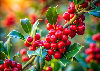 Obraz premium Elegant Mistletoe Leaves with Berries Hanging Against a Softly Blurred Christmas Background