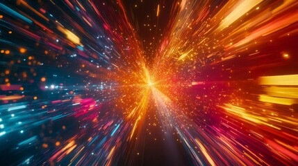 Obraz premium A futuristic design illustrating rapid data movement with glowing rays and dynamic explosions, capturing the essence of space travel