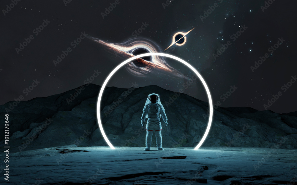 Canvas Prints 3d illustration of astronaut in spacesuit and black holes. high quality digital space sci-fi art in 
