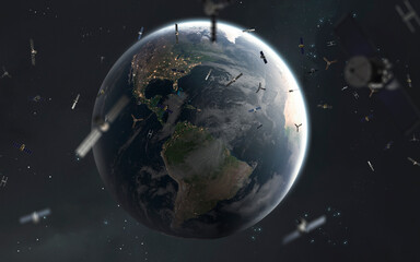 3D illustration of a swarm of satellites orbits the Earth. High quality digital space sci-fi art in 5K - realistic visualization