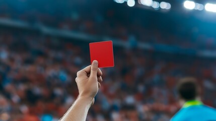 Referee showing red card during intense soccer match in stadium