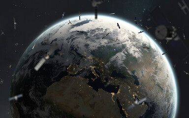 3D illustration of a swarm of satellites orbits the Earth. High quality digital space sci-fi art in 5K - realistic visualization