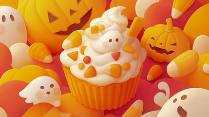 Fototapeta premium Whimsical Halloween Treats with Ghosts and Pumpkins