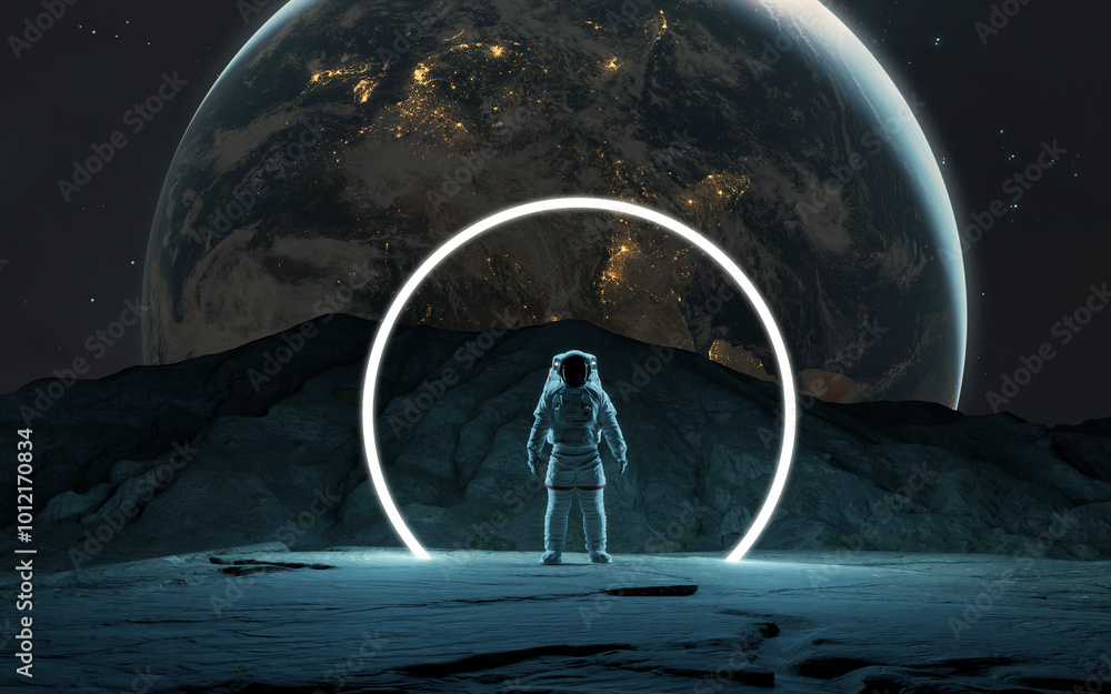 Canvas Prints 3d illustration of astronaut in spacesuit at the moon. high quality digital space sci-fi art in 5k -