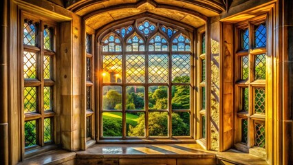 Obraz premium Elegant oriel window with decorative frame showcasing intricate architectural details and sunlight