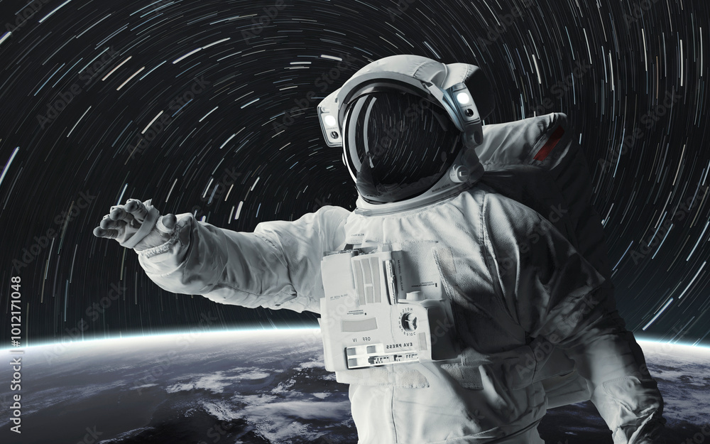 Canvas Prints 3d illustration of astronaut in spacesuit at earth orbit. high quality digital space sci-fi art in 5