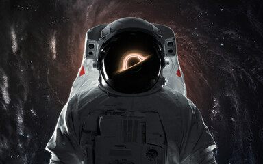 Naklejka premium 3D illustration of astronaut in spacesuit near the black hole. High quality digital space sci-fi art in 5K - realistic visualization