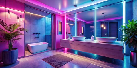 Elegant Pink and Blue Bathroom Design with Modern Fixtures and Soft Lighting for a Relaxing Atmosphere