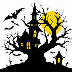 Halloween Background. Spooky haunted tree with twisted, bare branches and a small gothic-style house with pointed roofs in the background. Happy Halloween Boho Abstract,  Bohemian Mystical Magic.