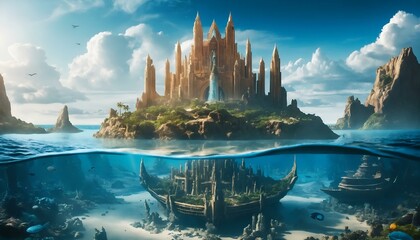 Fototapeta premium Fantastical illustration of an underwater Atlantis with ancient ruins and a vibrant above-water landscape