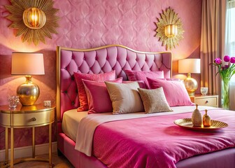 Elegant Pink Gold Bedroom Decor with Cozy Bedding and Stylish Accessories for a Chic Ambiance