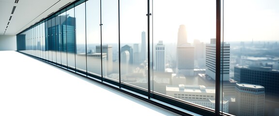 Fototapeta premium A panoramic view of an office building's glass facade, showcasing the city skyline in soft focus on a white background. The window glows with sunlight and highlights the architectural details. 