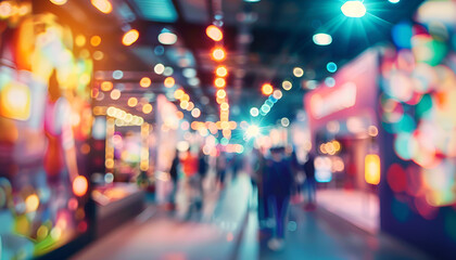 A vibrant trade show floor with booths, attendees, and bright lighting, showcasing a dynamic business expo atmosphere