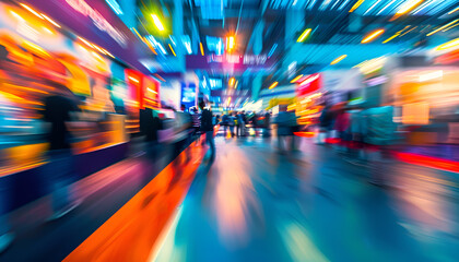 A vibrant trade show floor with booths, attendees, and bright lighting, showcasing a dynamic business expo atmosphere