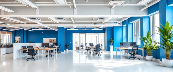 Modern office interior with white concrete floor, blue walls and light gray ceiling. There is an open space area for desks and tables, chairs, computers, plants on the side of the room.	
