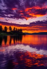 Obraz premium dramatic sunset reflections glimmering serene waters capturing vibrant scenic landscape dusk, horizon, colors, sky, clouds, nature, glow, warmth, evening
