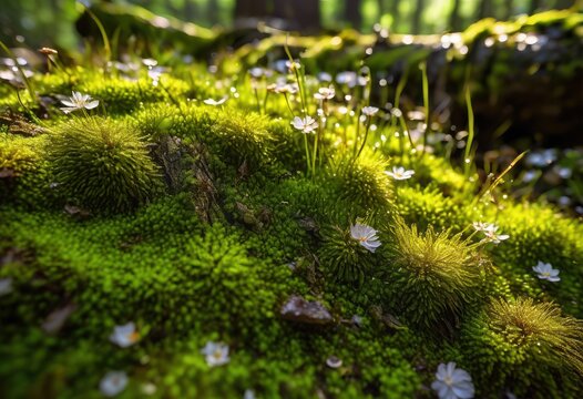 close lush green moss surrounded elements its natural highlighting rich textures intricate details, biodiversity, clusters, vegetation, greenery, foliage