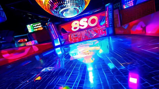 Retro 80s-style nightclub dance floor with vibrant neon lights, mirrored disco ball, colorful futuristic design. Concept of retro nostalgia, nightlife entertainment, vibrant atmosphere, visual effect