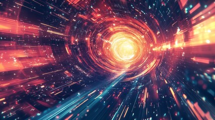 Obraz premium A stunning illustration of luminous data trails in motion, with explosive patterns and a sense of hyper-speed travel, on a dark background