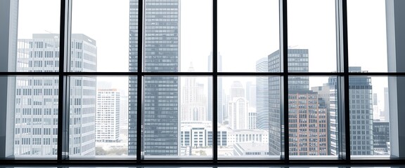 Modern glass office exterior with a cityscape view, white background, 3D rendering illustration of a business center interior design concept, close-up view of a window and modern architecture.	