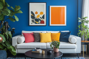 Interior desgin of modern living room interior with mock up poster frame, colorful decorations and accessories, plants, sofa, coffee table. Blue wall. Home decor. Template