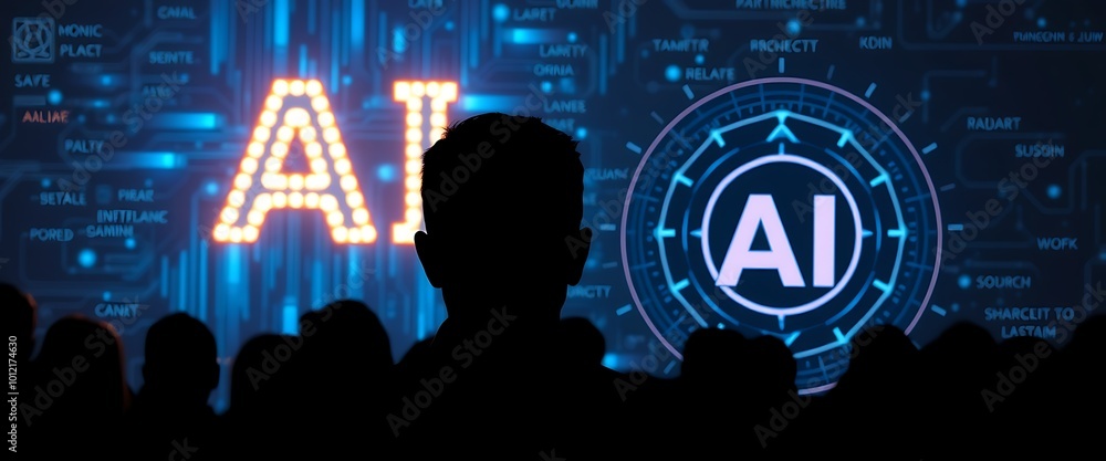 Poster a silhouette of a community looking at a digital image of the letters 