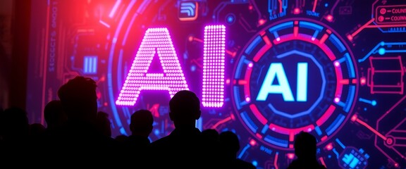 A silhouette of a community looking at a digital image of the letters "AI" in holographic text and an AI logo surrounded by futuristic graphics.