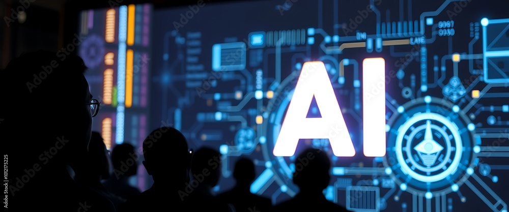 Poster a silhouette of a community looking at a digital image of the letters 