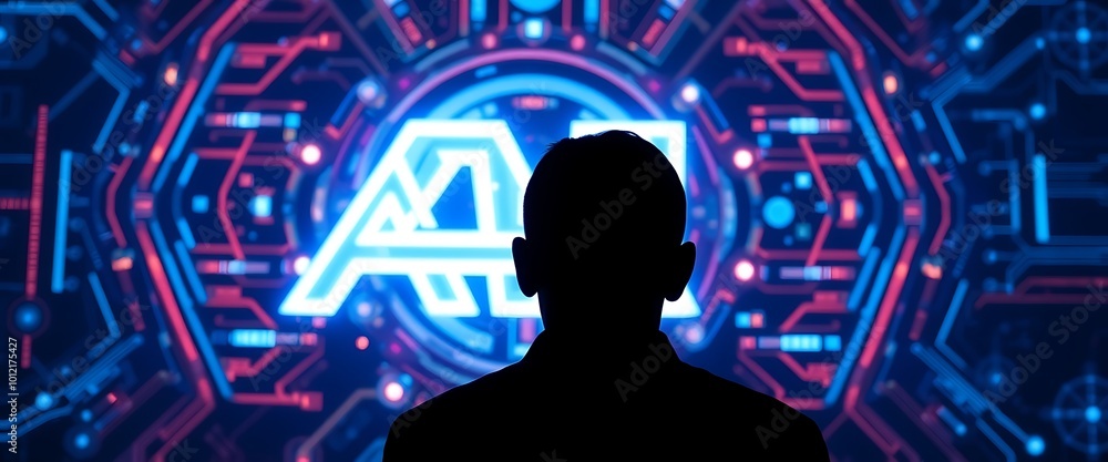 Aufkleber a silhouette looking at a digital rendering of an ai logo with the letters 