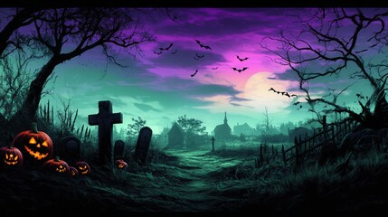 halloween theme, spooky graveyard with ghostly creatures  